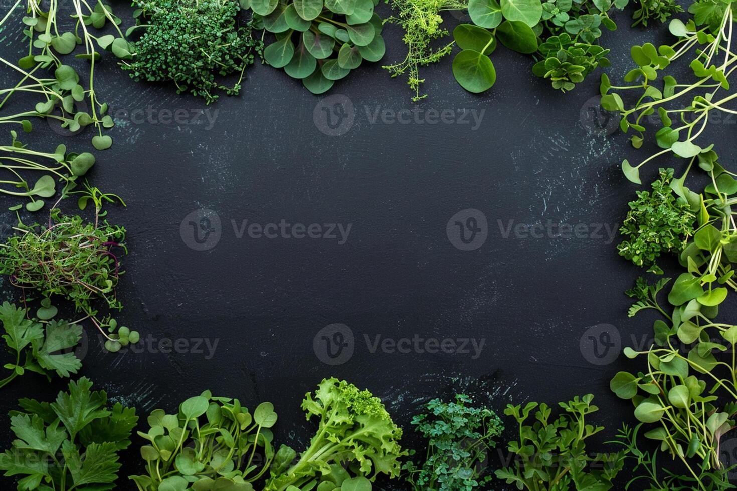 Frame made with different green baby microgreens on black table, flat lay. Space for text. Healthy food. photo