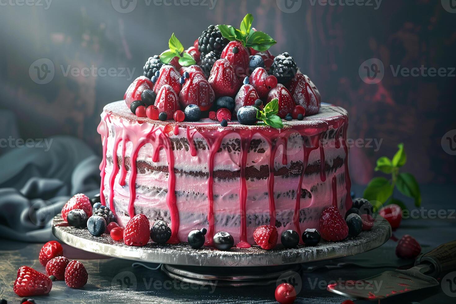 Cake with icing, decorated with various berries on a dark table. Strawberries, blueberries, red currants, mint. photo