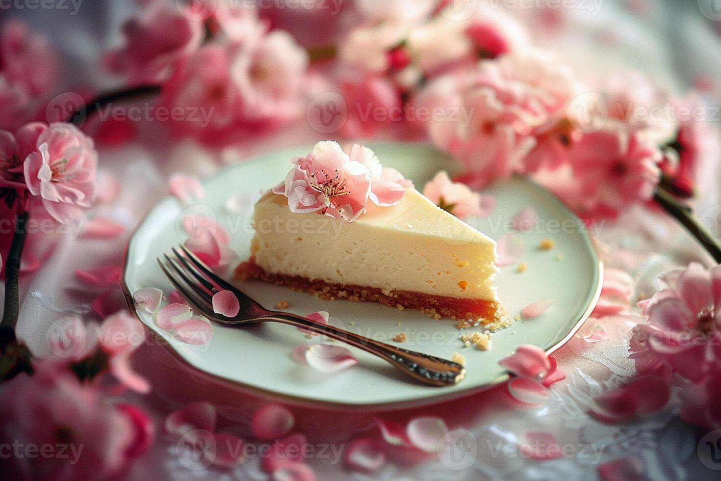 un pedazo de tarta de queso descansa en un blanco plato con rosado flores en el antecedentes foto