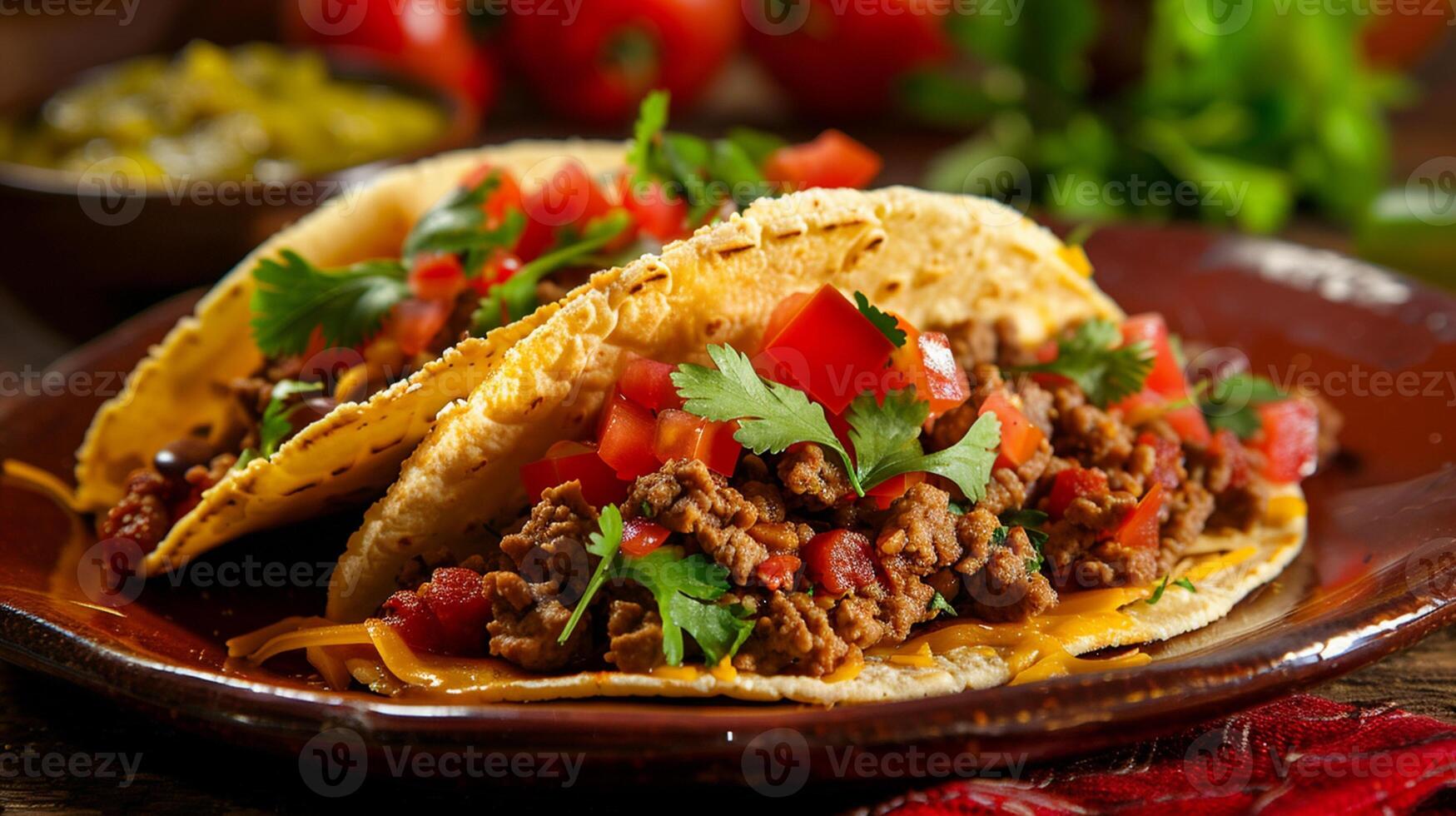 Tasty Mexican food tacos, fried chicken, greens, tomatos, mango, avocado, pepper, red cabbage in tortillas photo