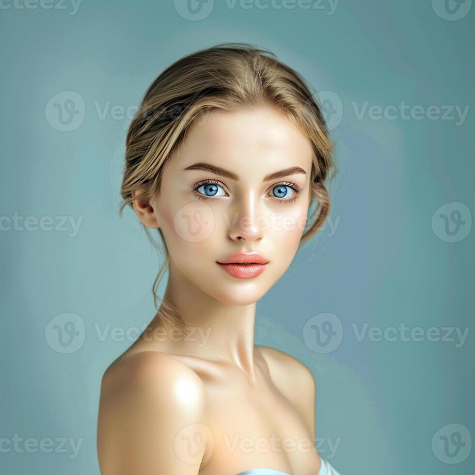 Beautiful young women with perfect fresh skin on the blue background. Face care, Facial treatment, cosmetic, Cosmetology, beauty and spa, European women portrait. photo