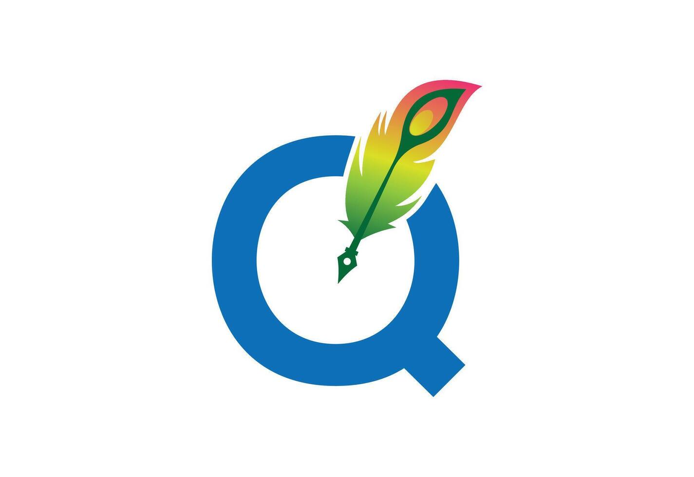 drawn feather pen with latter Q template vector