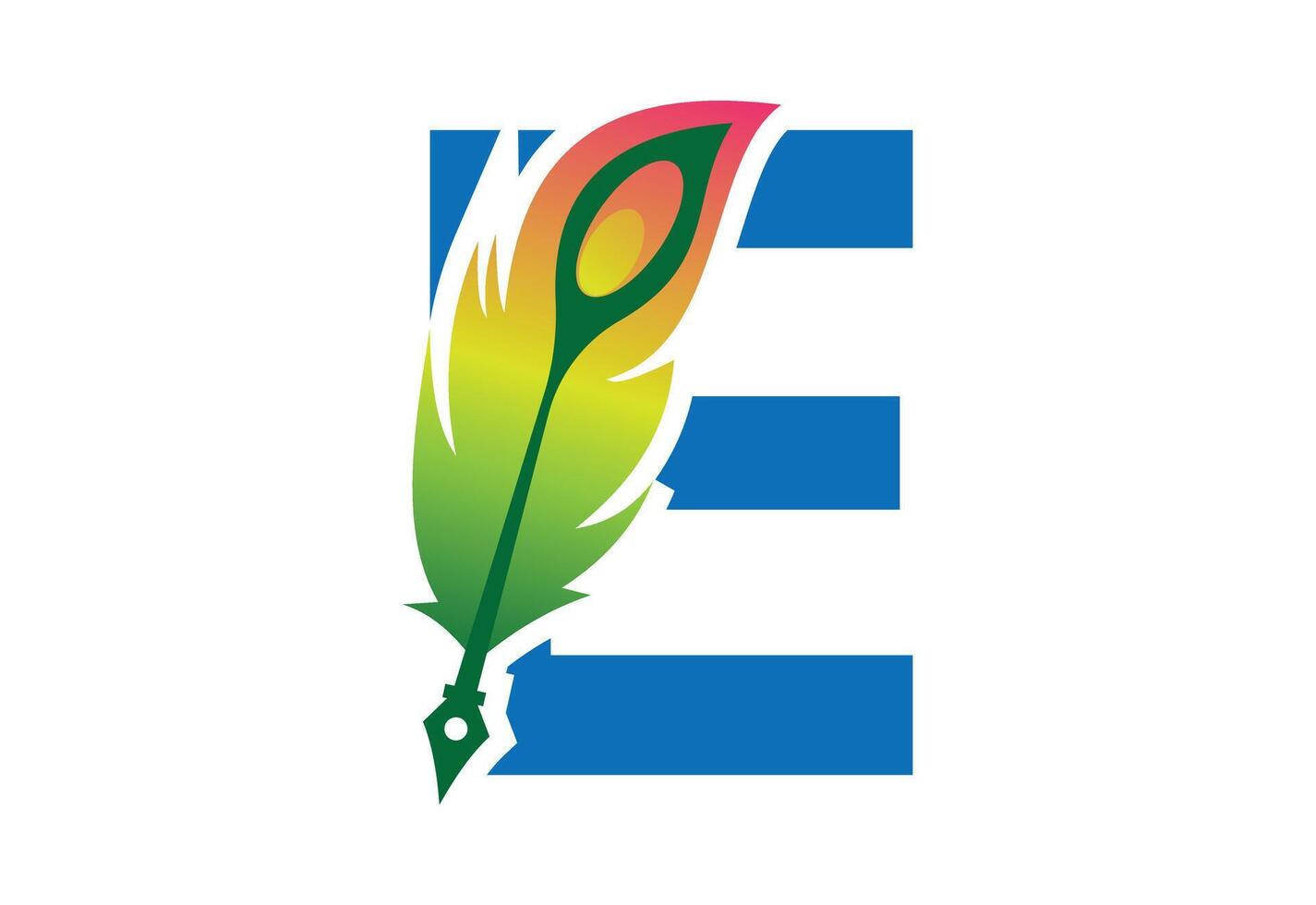 drawn feather pen with latter E template vector