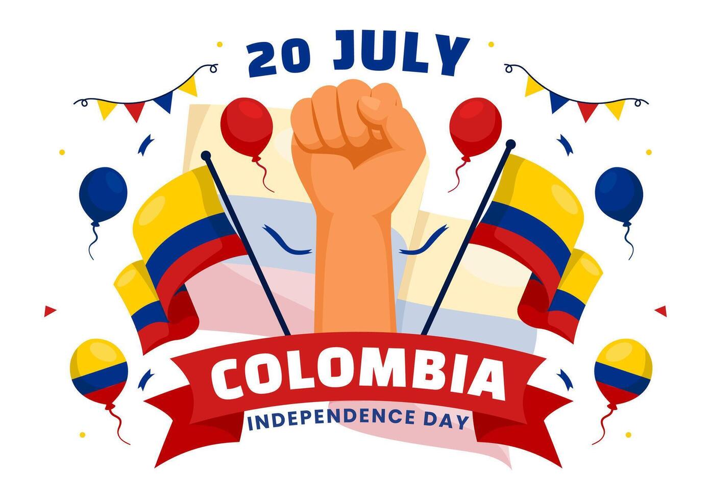 contento Colombia independencia día ilustración en 20 julio con ondulación bandera y cinta en nacional fiesta celebracion plano dibujos animados antecedentes vector