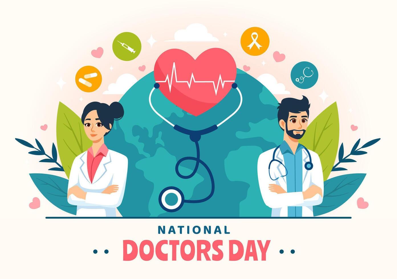 nacional doctores día ilustración con doctor, estetoscopio y médico equipo para Dedicación y contribuciones en plano dibujos animados antecedentes vector