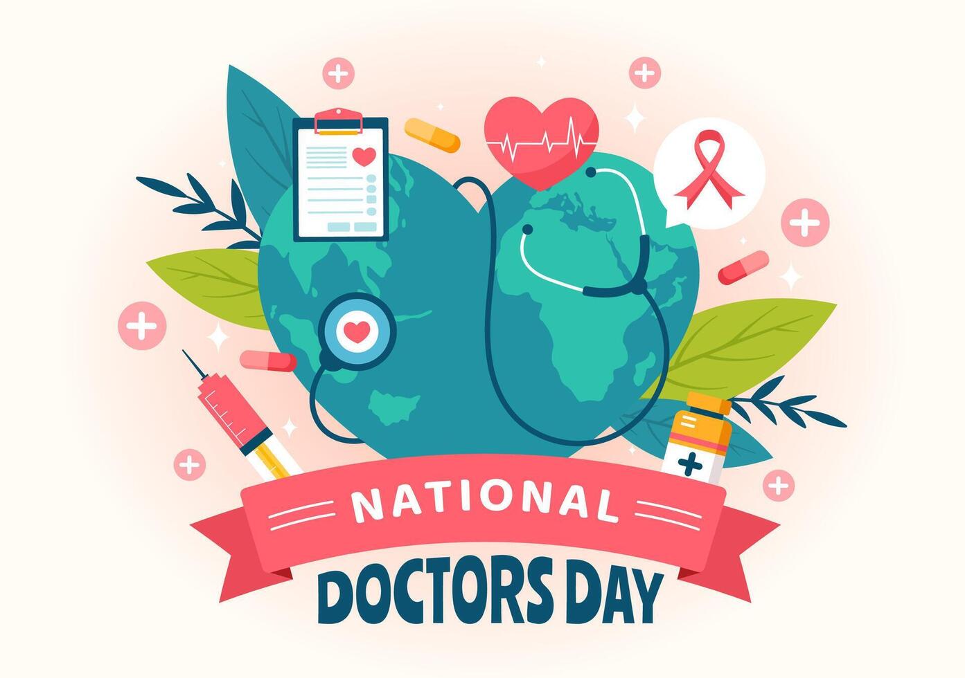 nacional doctores día ilustración con doctor, estetoscopio y médico equipo para Dedicación y contribuciones en plano dibujos animados antecedentes vector