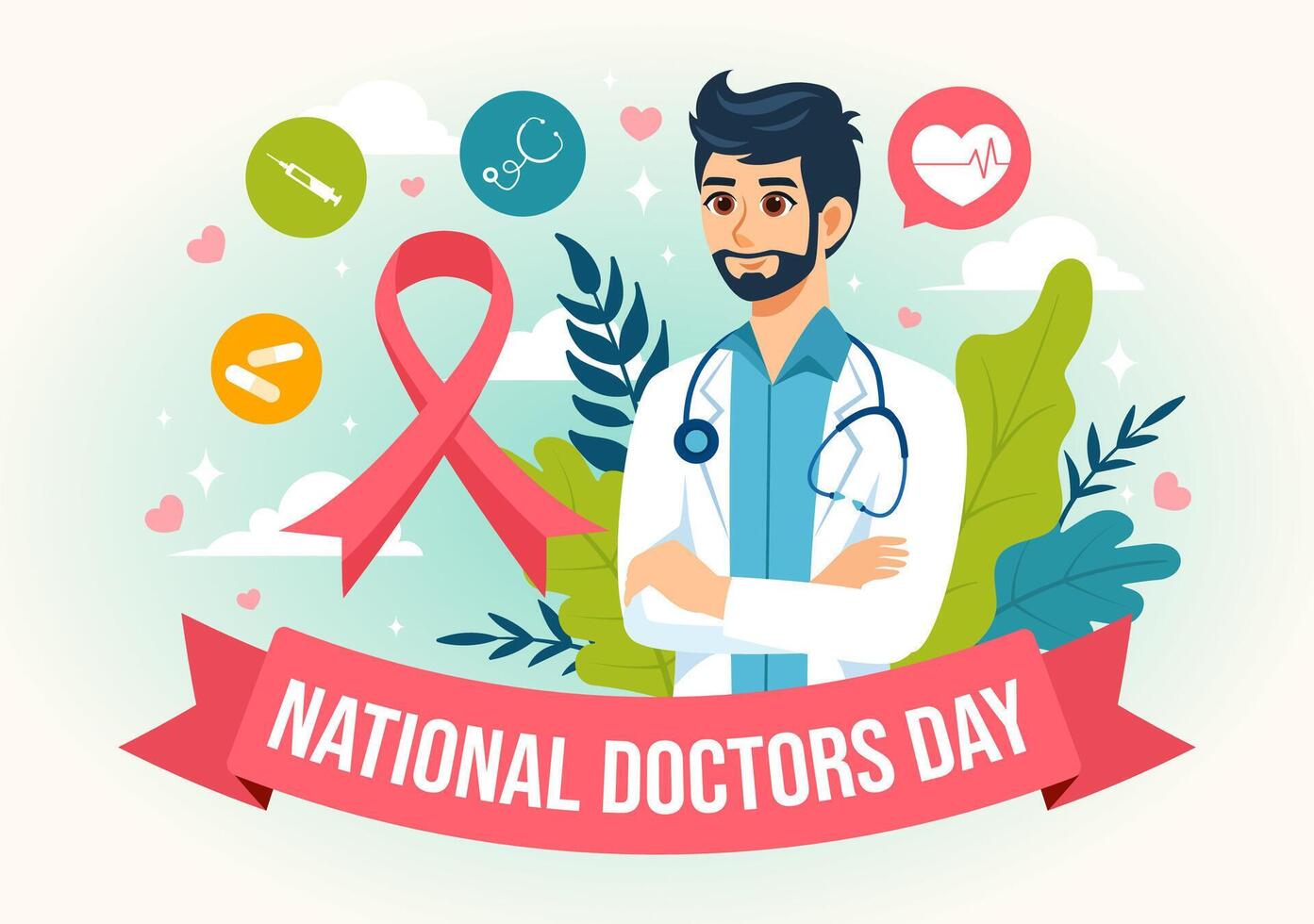 nacional doctores día ilustración con doctor, estetoscopio y médico equipo para Dedicación y contribuciones en plano dibujos animados antecedentes vector