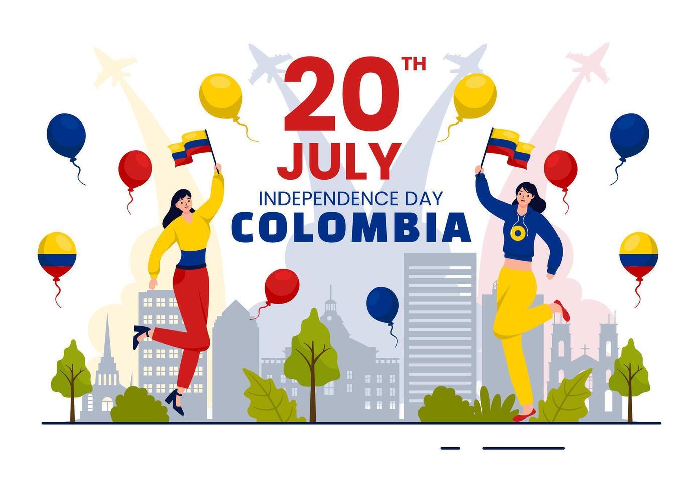 contento Colombia independencia día ilustración en 20 julio con ondulación bandera y cinta en nacional fiesta celebracion plano dibujos animados antecedentes vector