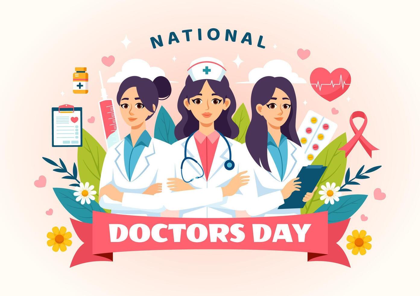 nacional doctores día ilustración con doctor, estetoscopio y médico equipo para Dedicación y contribuciones en plano dibujos animados antecedentes vector