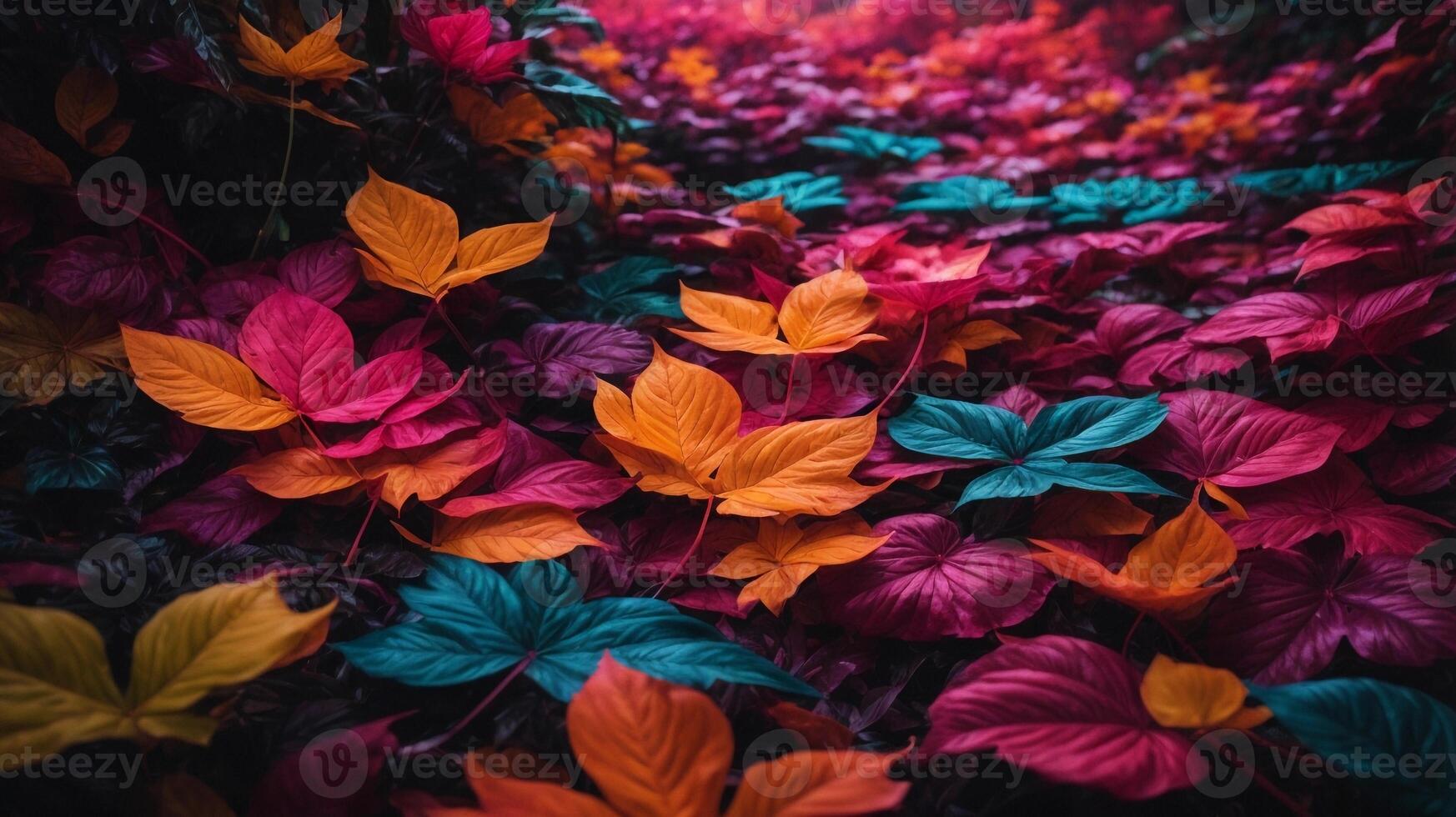 Background with neon-colored leaves on the ground photo