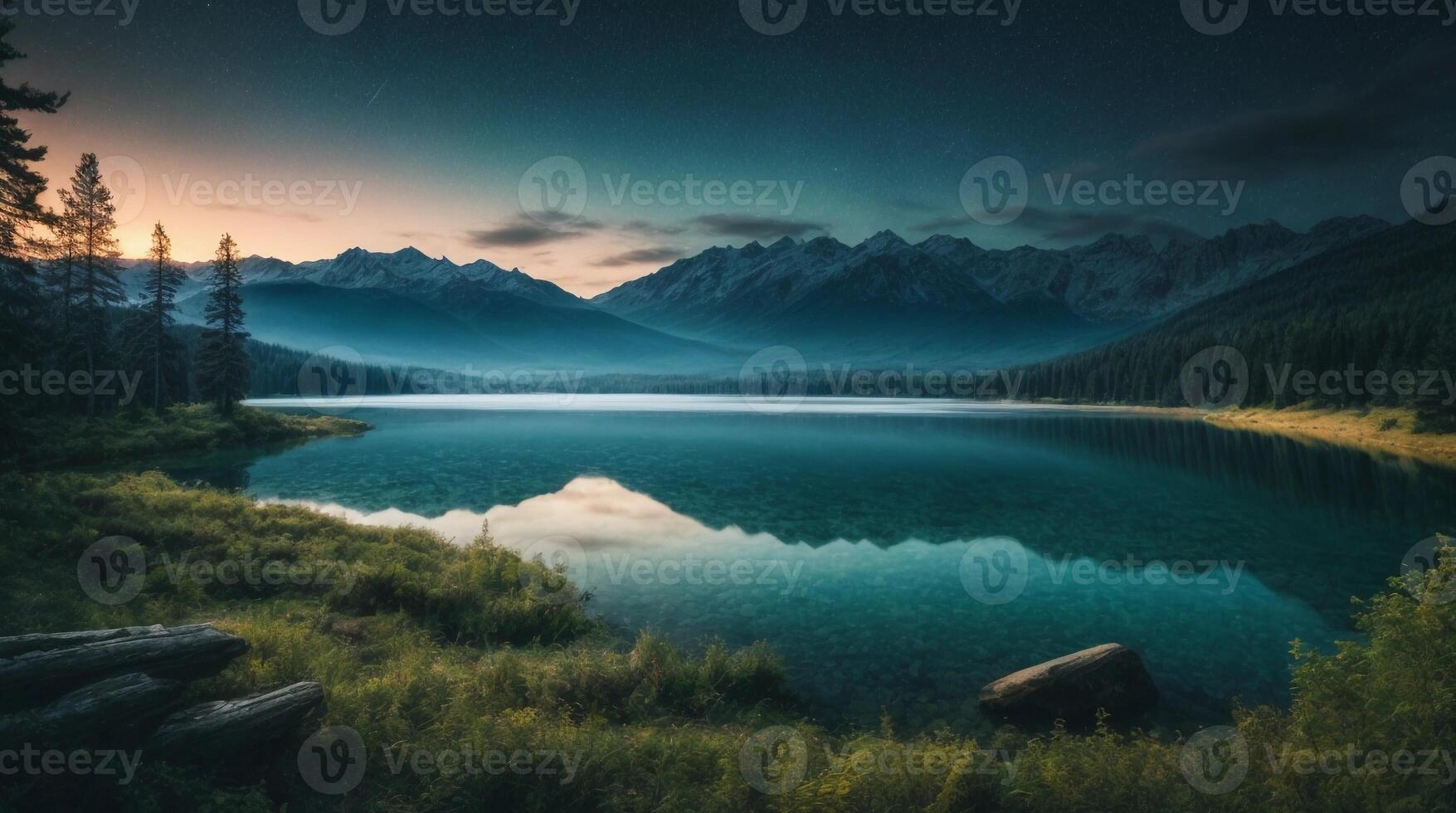 Lake Illuminated by Starry Night Sky photo