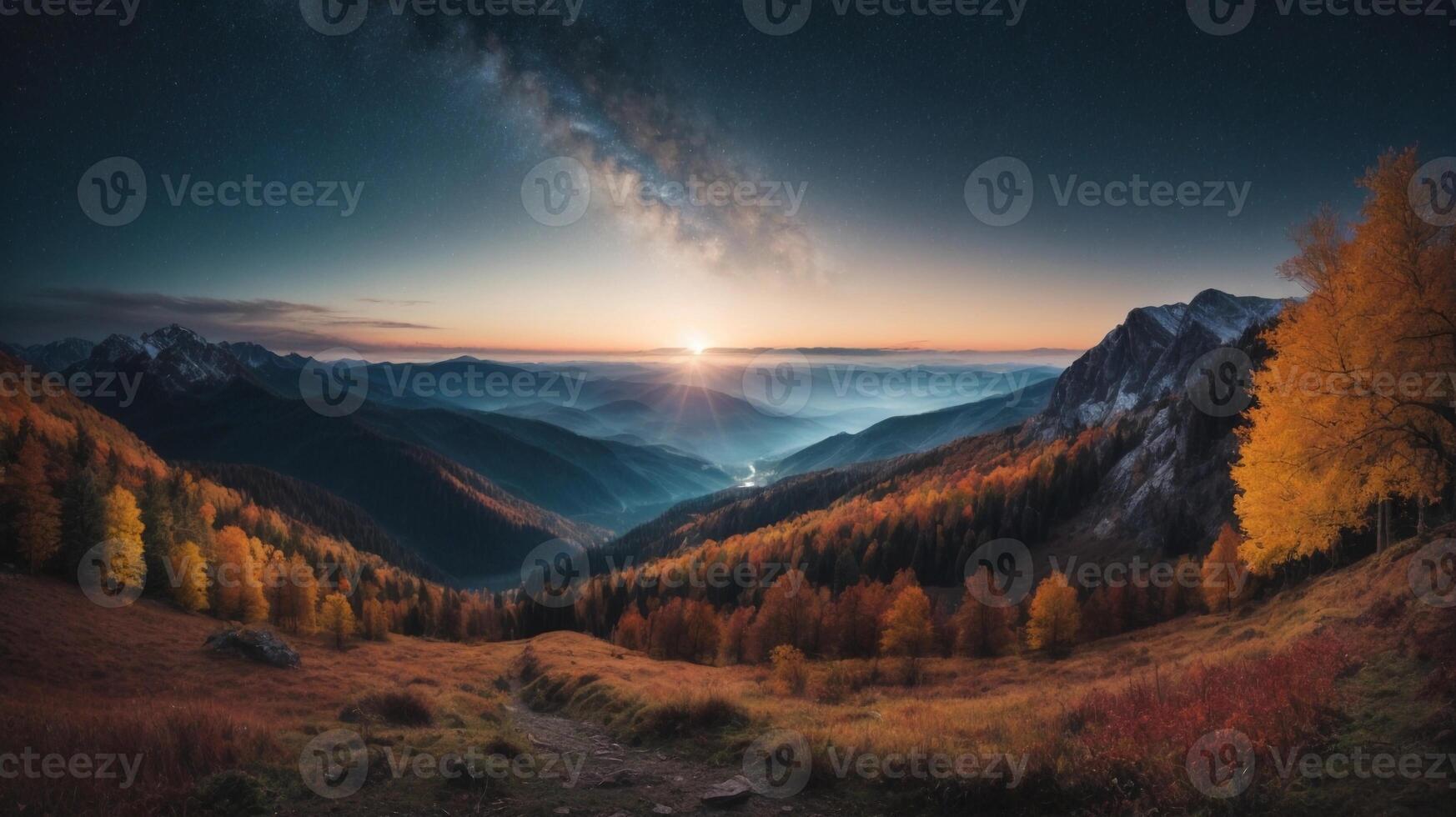 Sunrise in the mountain forest photo