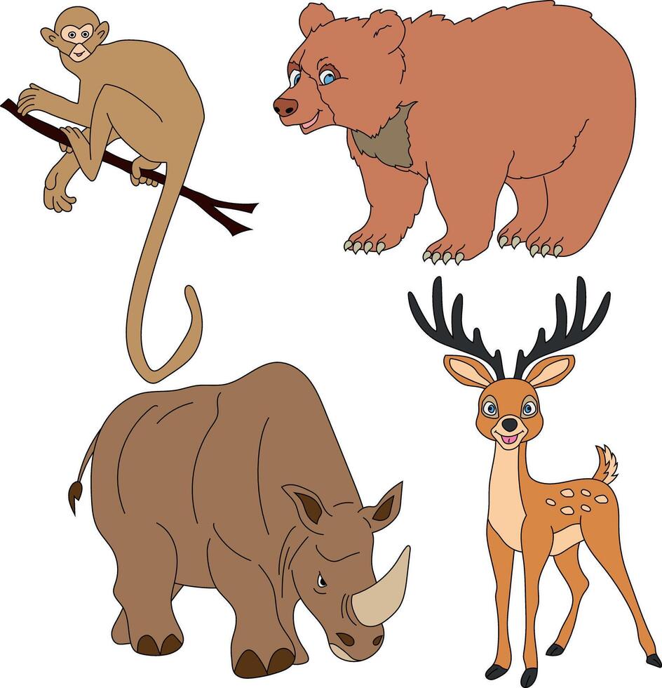 Colorful Animals Clipart Set. Cartoon Wild Animals Clipart Set for Lovers of Wildlife vector