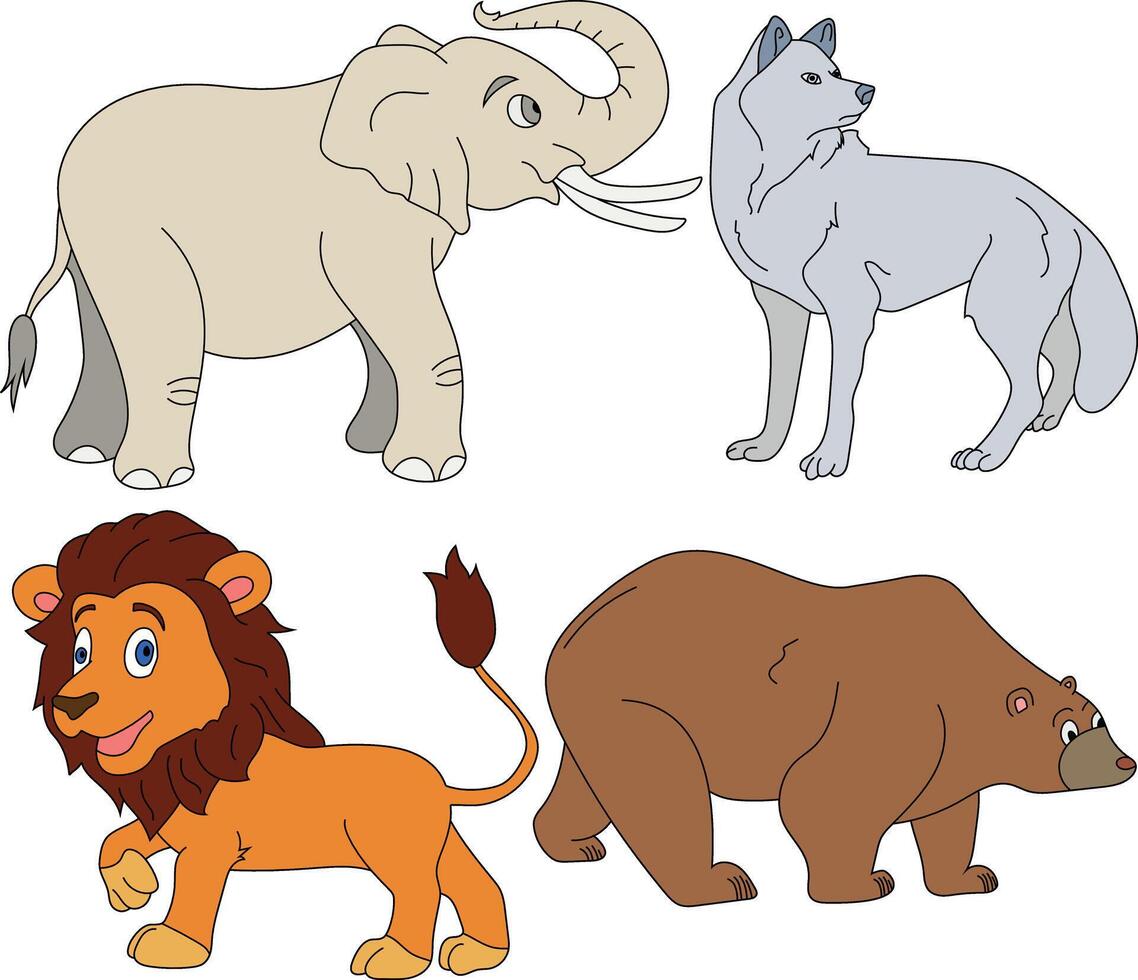 Colorful Animals Clipart Set. Cartoon Wild Animals Clipart Set for Lovers of Wildlife vector