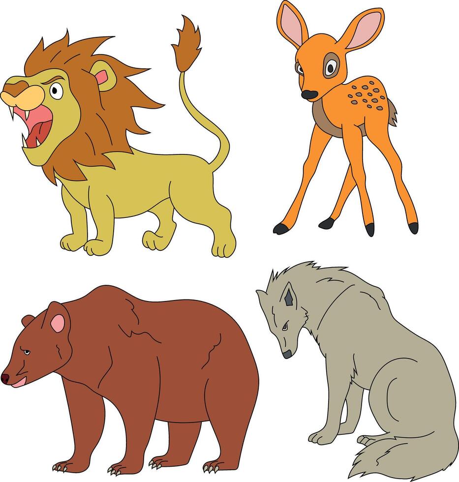 Colorful Animals Clipart Set. Cartoon Wild Animals Clipart Set for Lovers of Wildlife vector