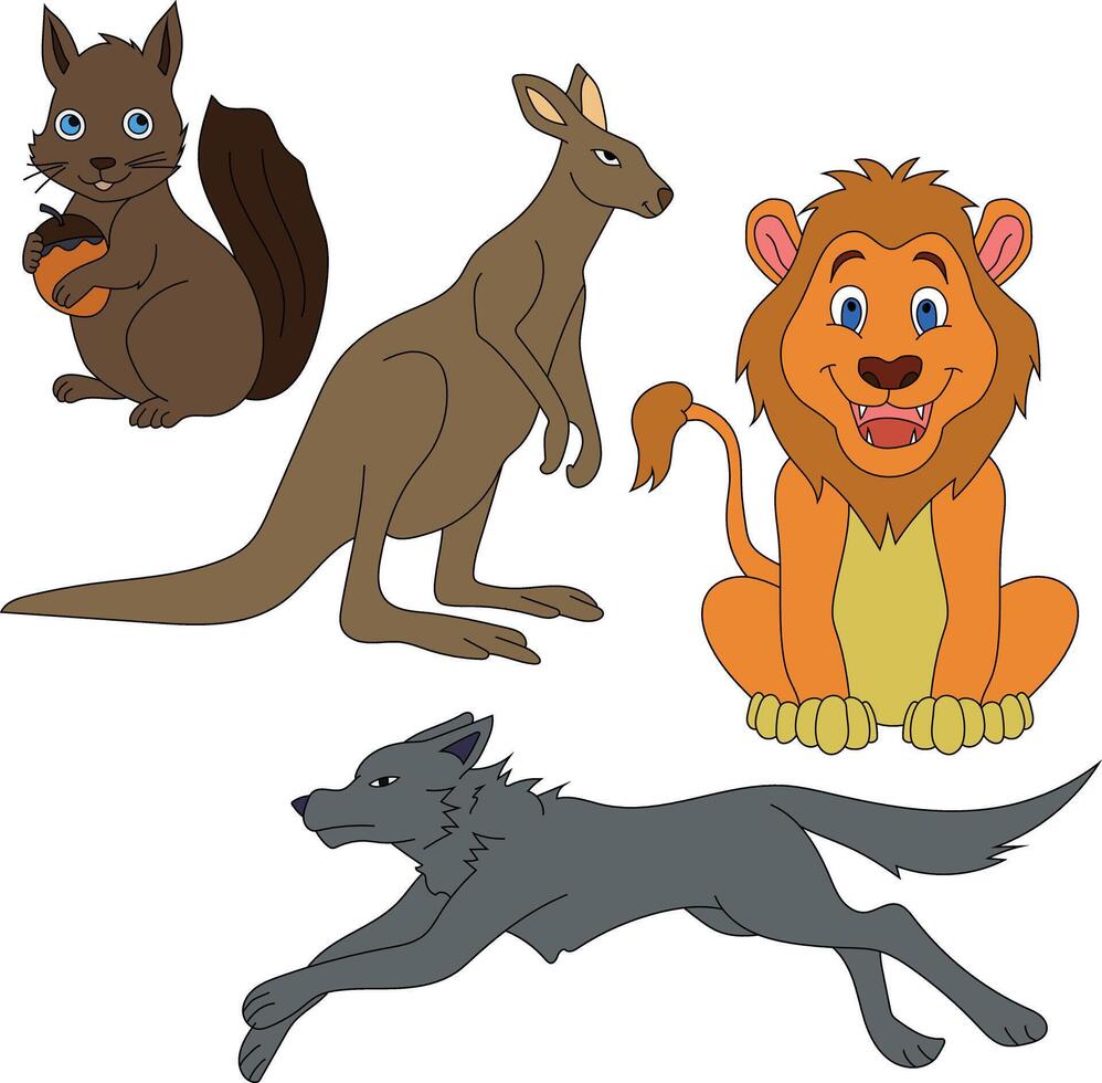 Colorful Animals Clipart Set. Cartoon Wild Animals Clipart Set for Lovers of Wildlife vector