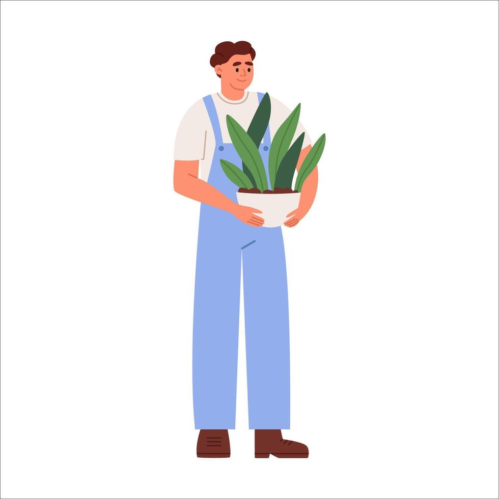 Young man hold plants in pot vector