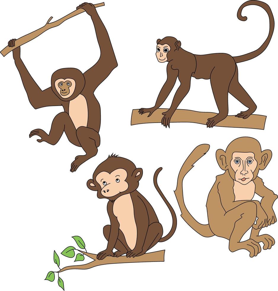 Monkey Clipart Set. Cartoon Wild Animals Clipart Set for Lovers of Wildlife vector