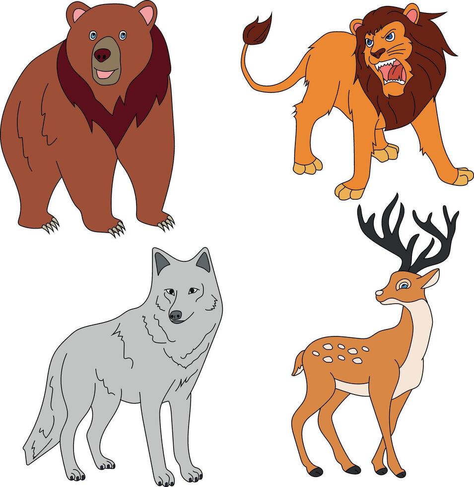 Colorful Animals Clipart Set. Cartoon Wild Animals Clipart Set for Lovers of Wildlife vector