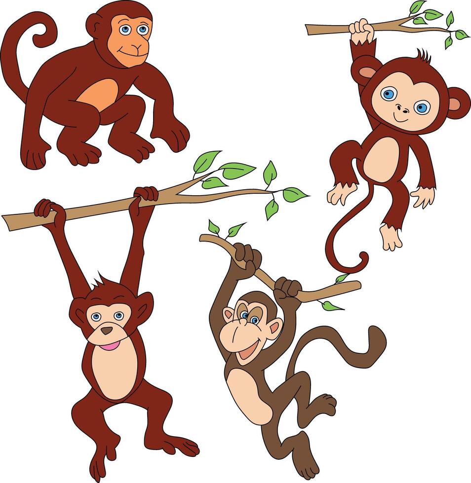 Monkey Clipart Set. Cartoon Wild Animals Clipart Set for Lovers of Wildlife vector