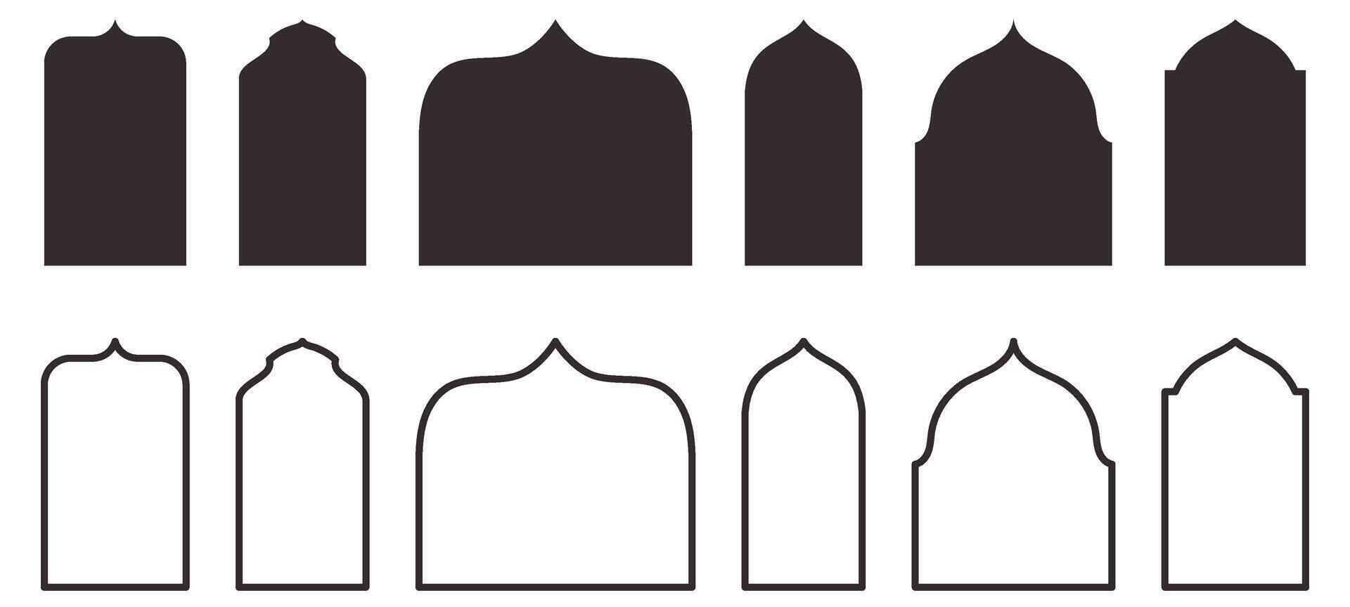 Collection of traditional Islamic window or door shapes. Set of Mosque Muslim frames in silhouette and outline. vector