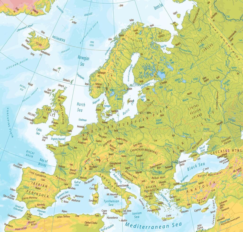 detallado físico mapa de Europa vector