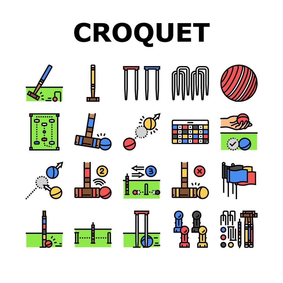 croquet mallet game ball icons set vector