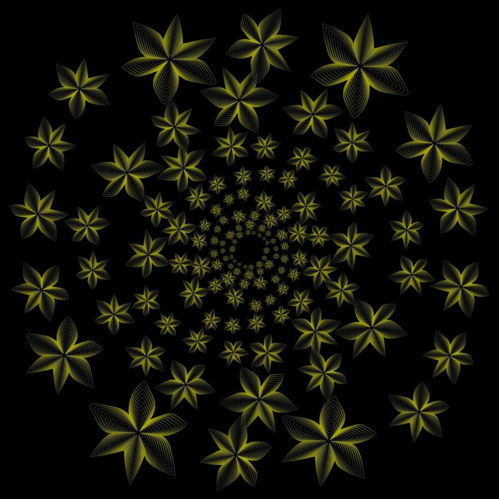 Abstract round floral pattern in the form of golden flowers arranged in a circle on a black background vector