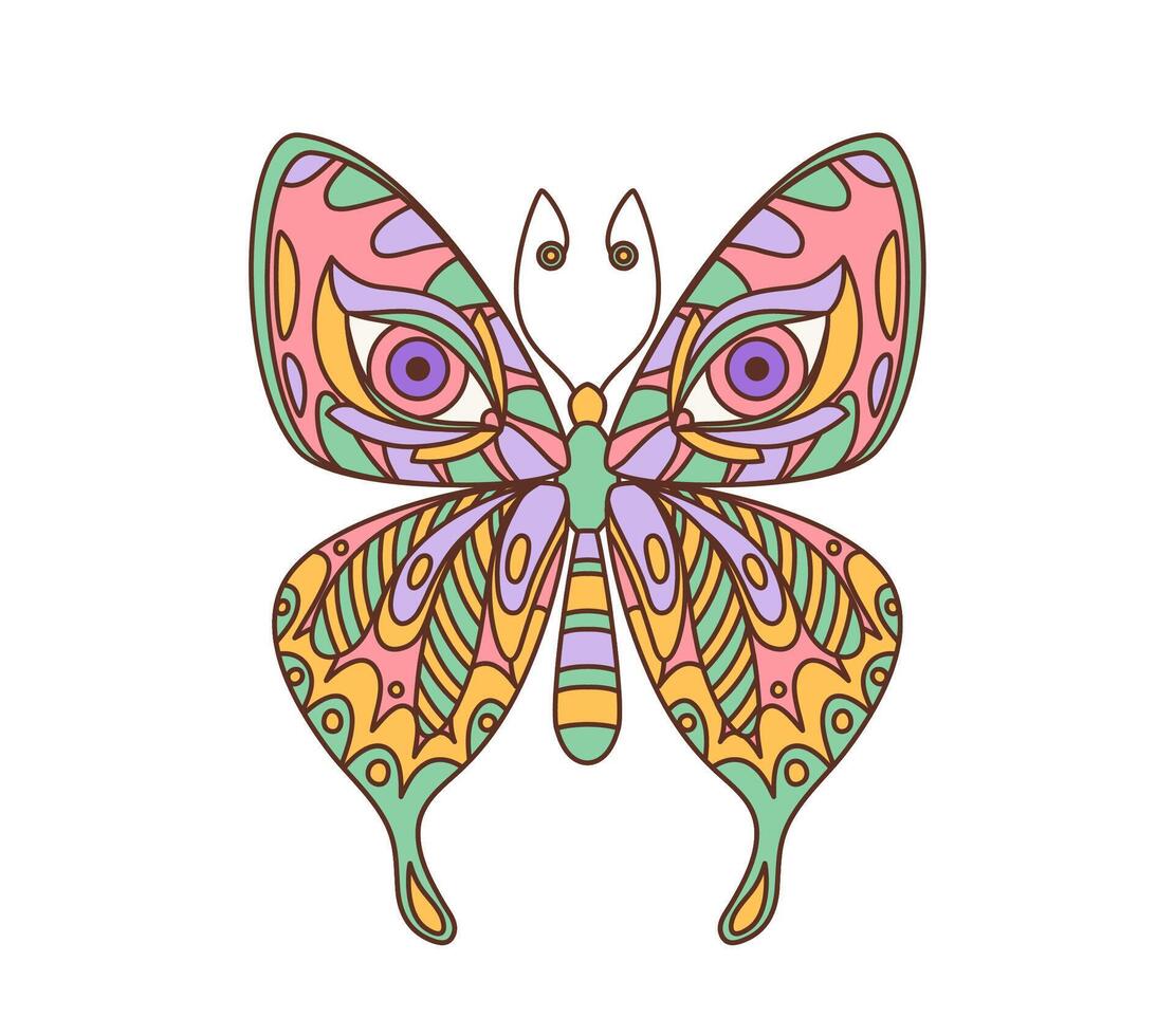 Cartoon retro hippie groovy butterfly in 70s art vector