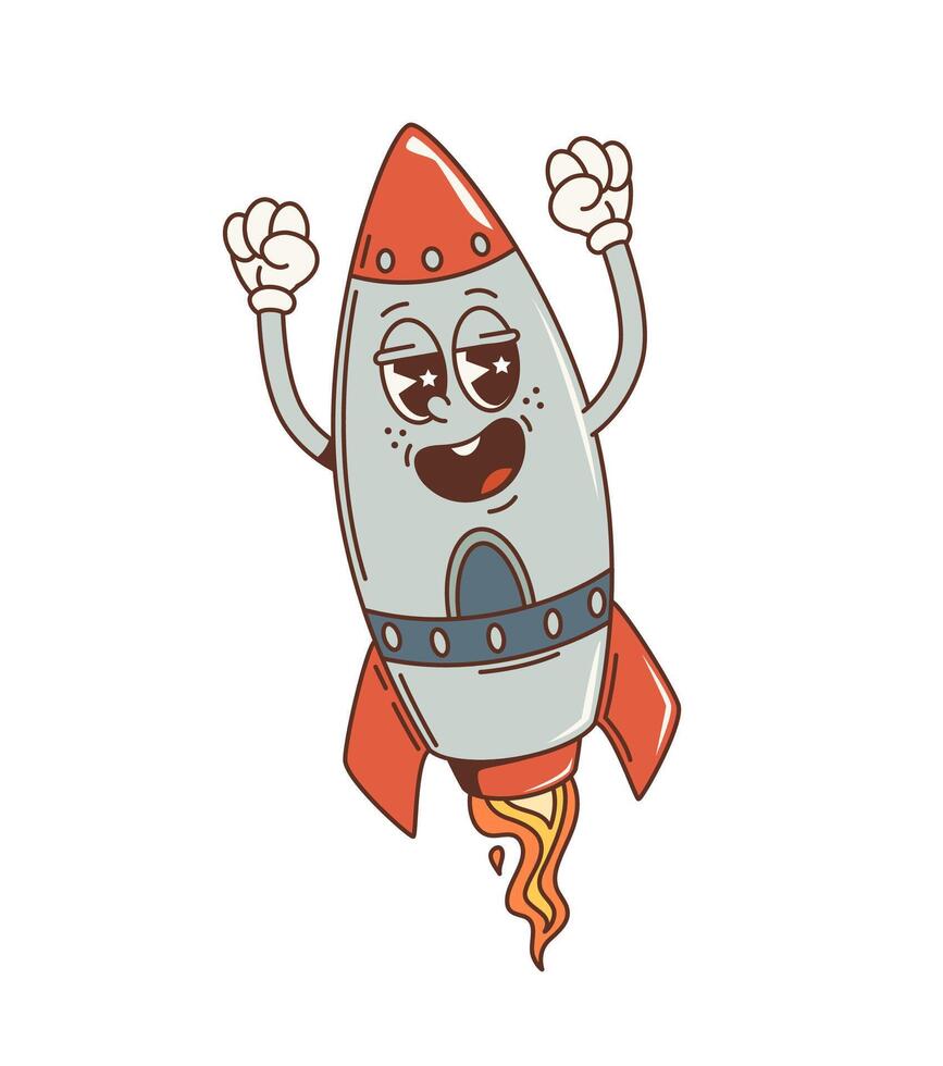Cartoon retro spaceship rocket groovy character vector