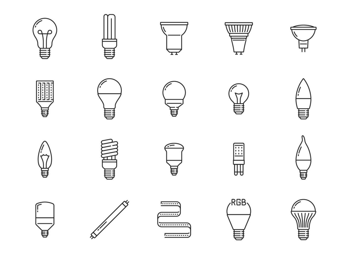 Light bulb and led lamp line icons isolated set vector