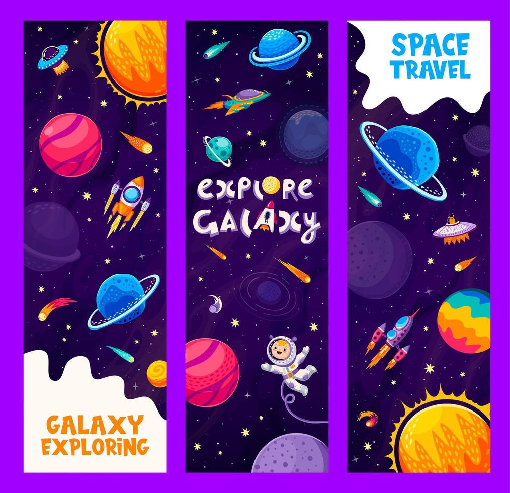 Galaxy space exploration banners with astronauts vector