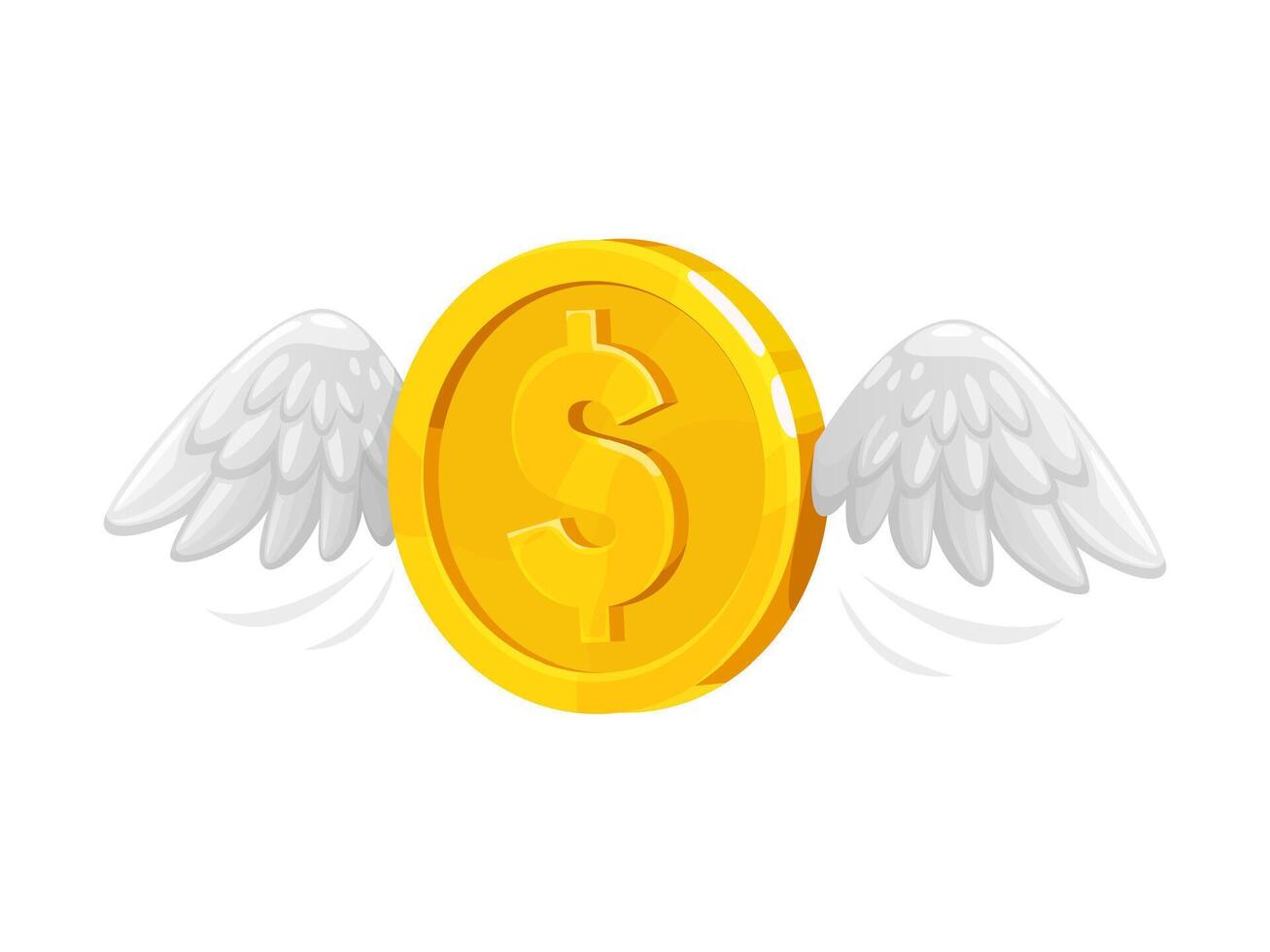 3D golden money coin on wings flying, dollar coin vector