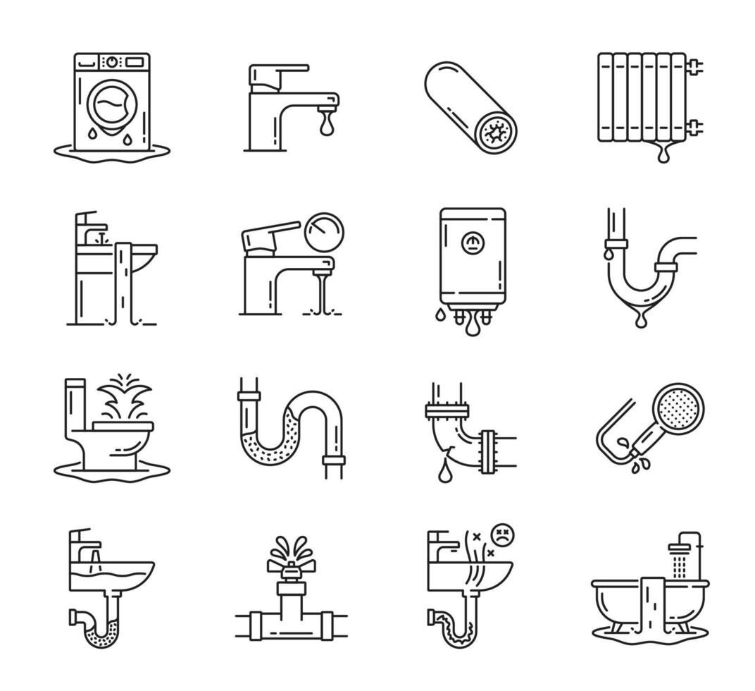 Plumbing service icons. Plumber tools and pipes vector