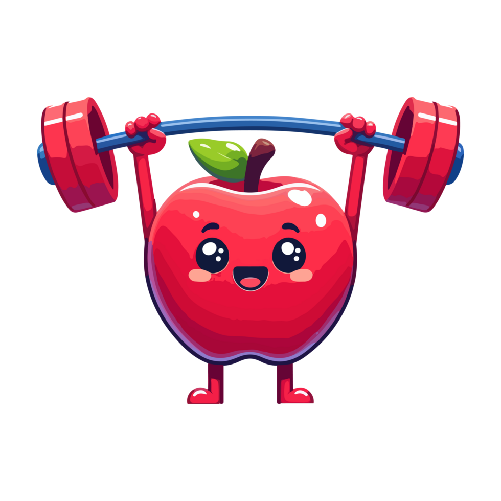 cute icon character apple lifting barbell weights png