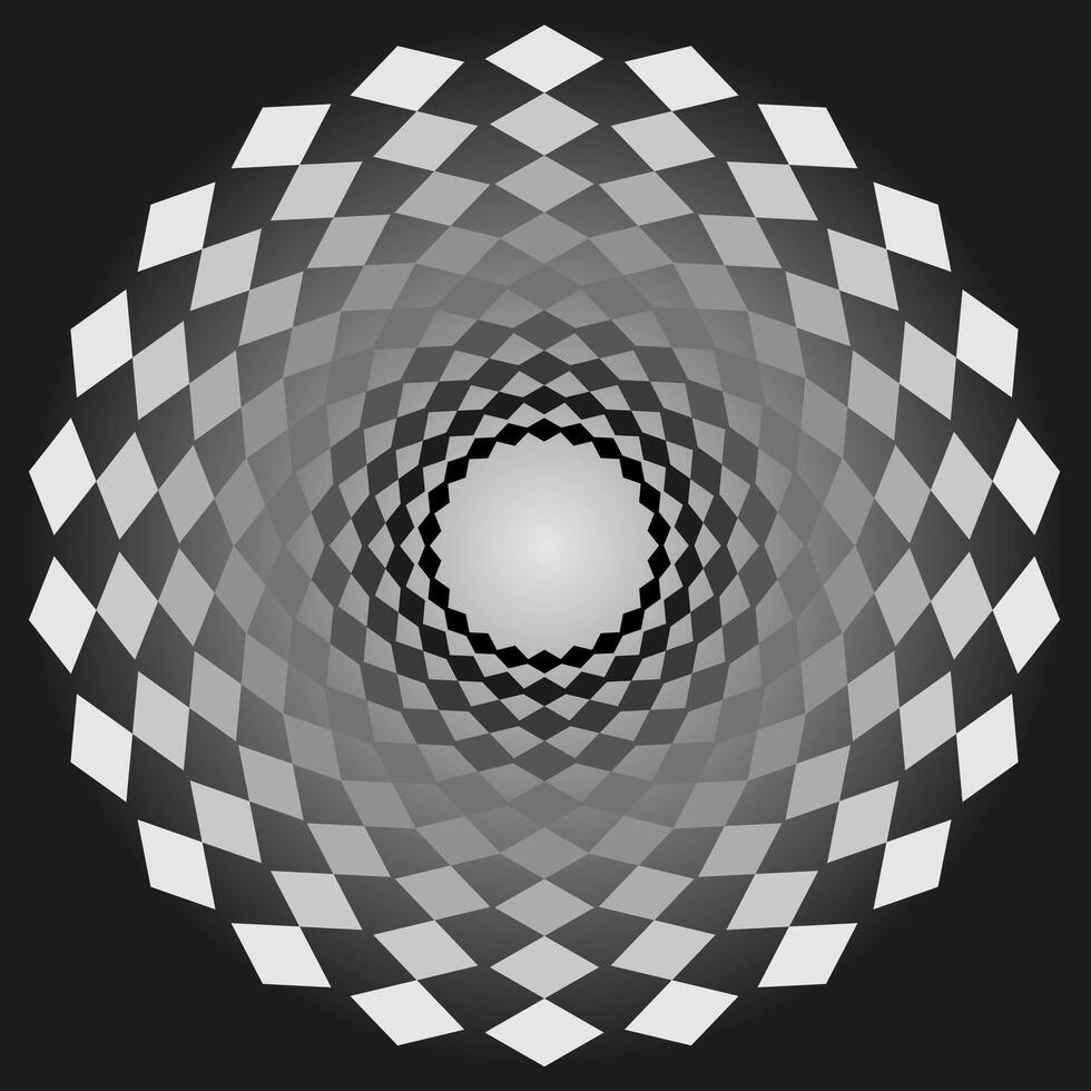 Geometric abstract round pattern in the form of squares arranged in a circle on a gray background vector