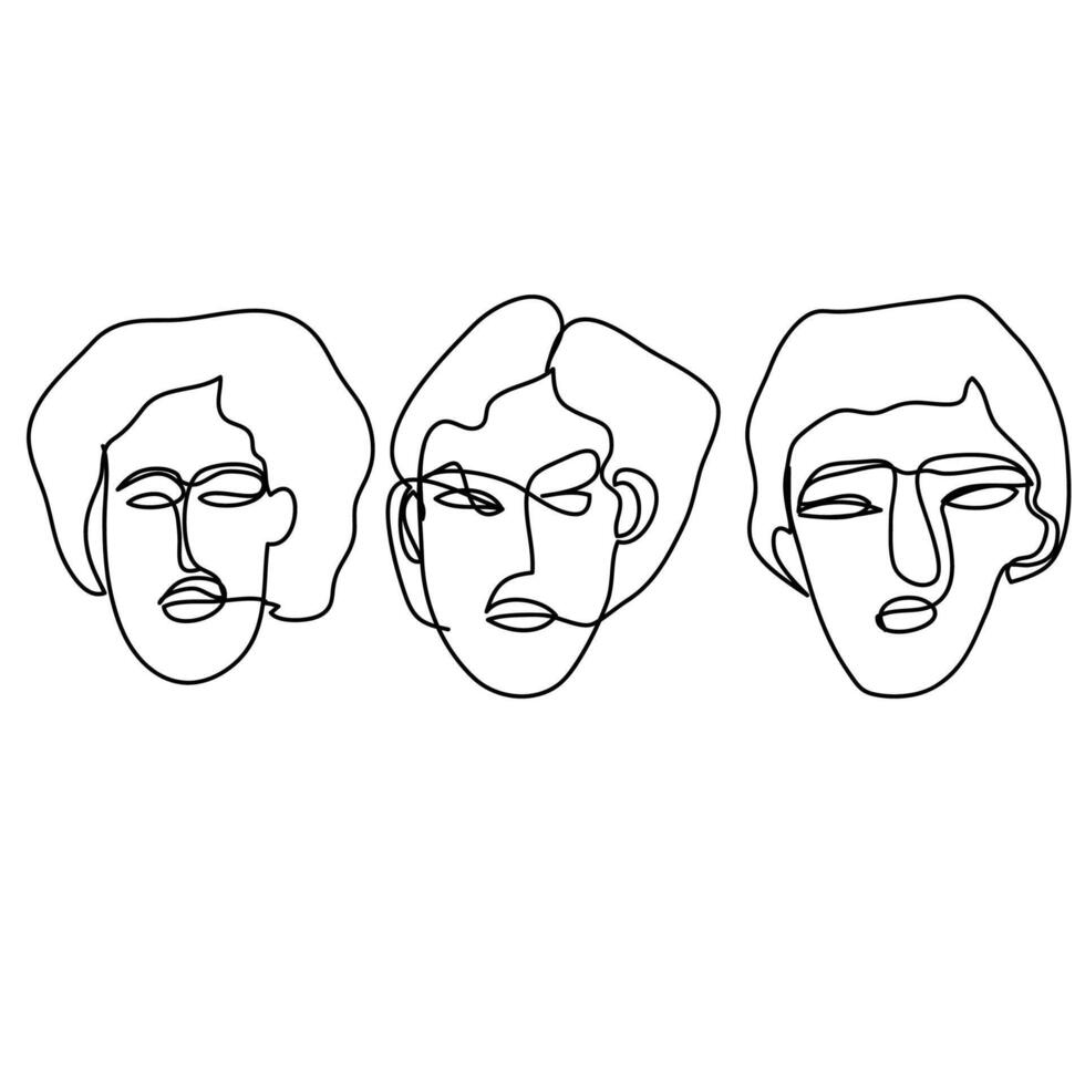 Three male faces drawn in one line in a linear style vector