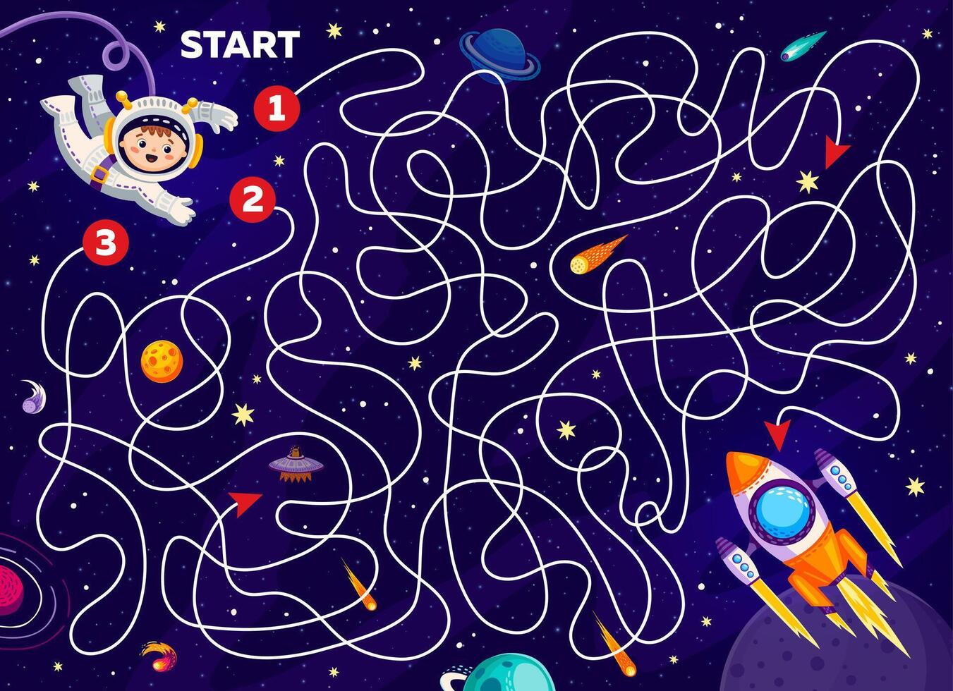 Kids space labyrinth maze game quiz, kid astronaut vector