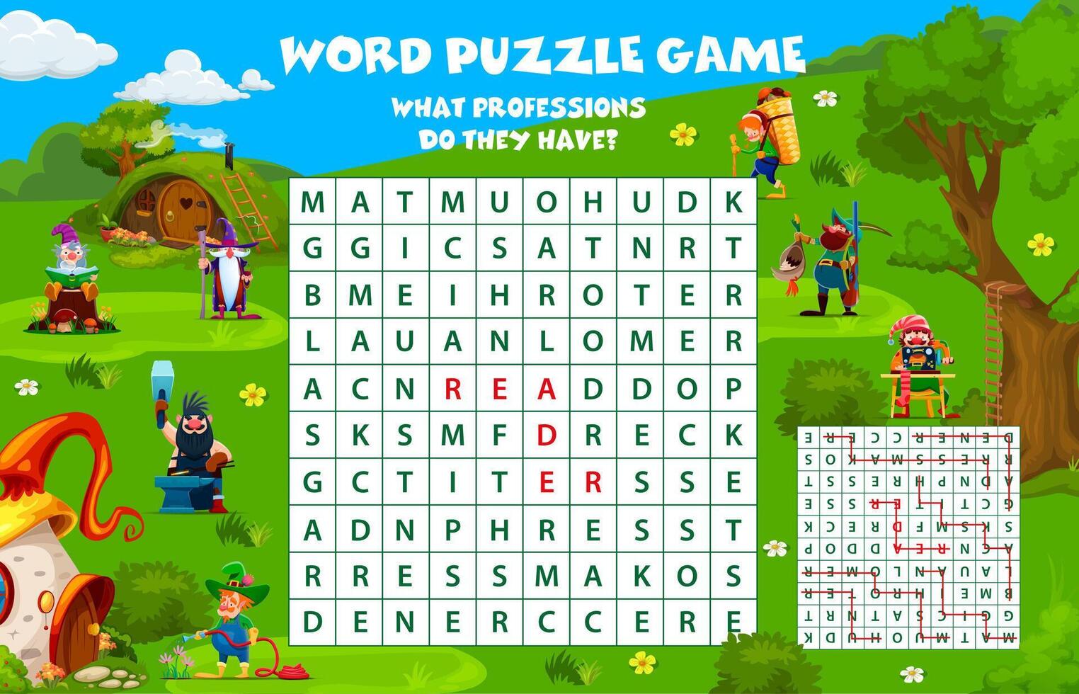 Word search puzzle game with dwarf characters vector