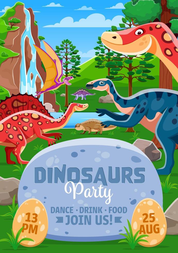 Dino party flyer with cartoon dinosaurs in jungle vector