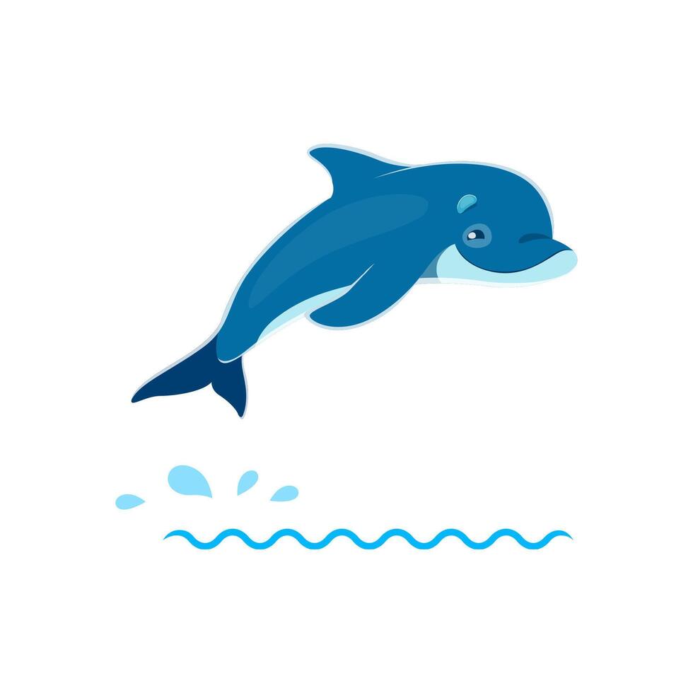 dibujos animados delfín personaje alegremente saltando en mar vector