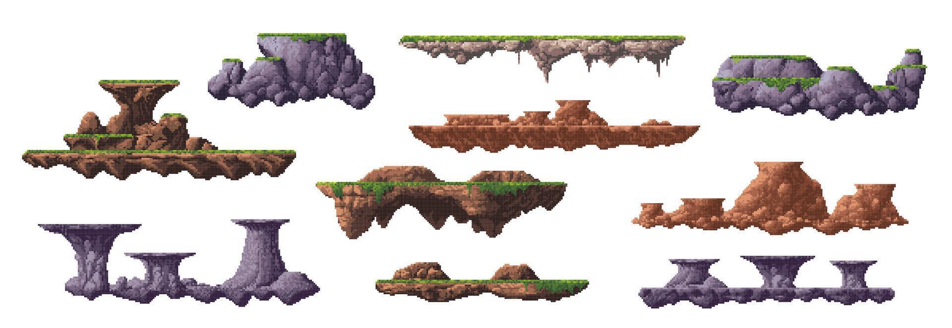 8 bit arcade pixel art game mountain platforms vector