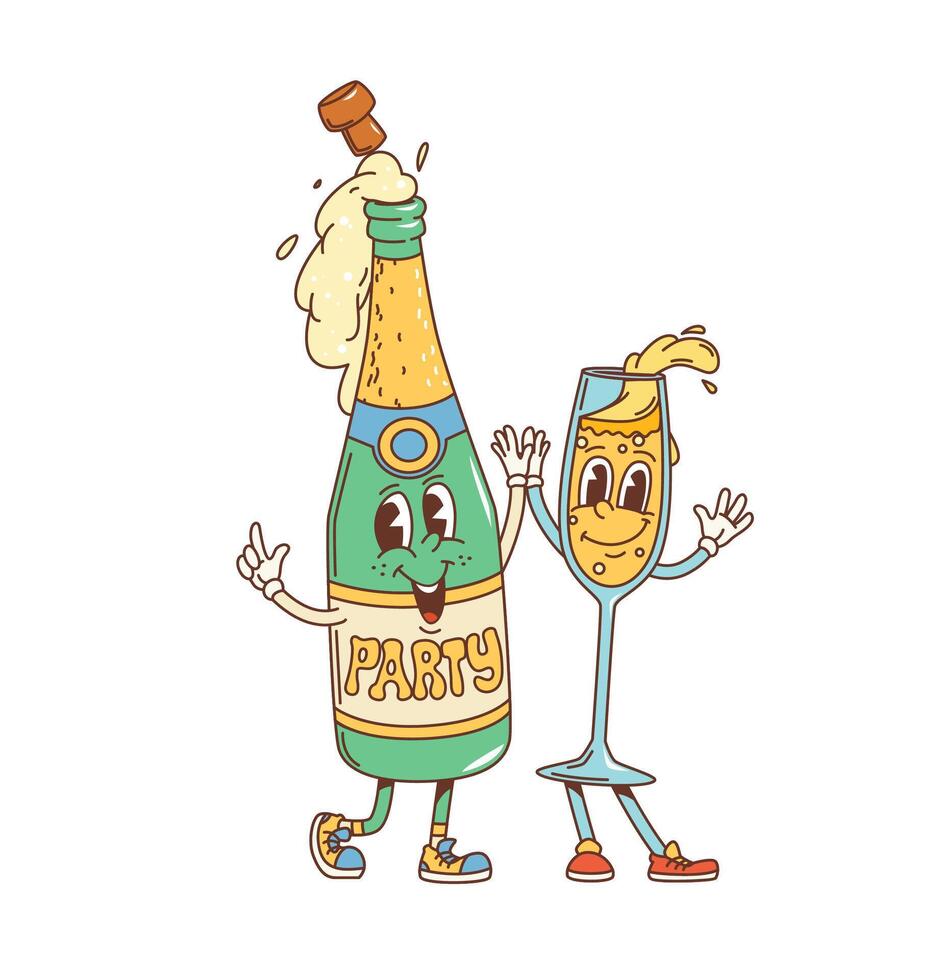 Retro cartoon groovy champagne characters party vector