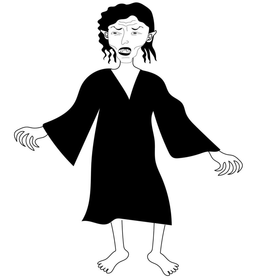 Sketch of a scary witch in black clothes drawn in doodle style vector