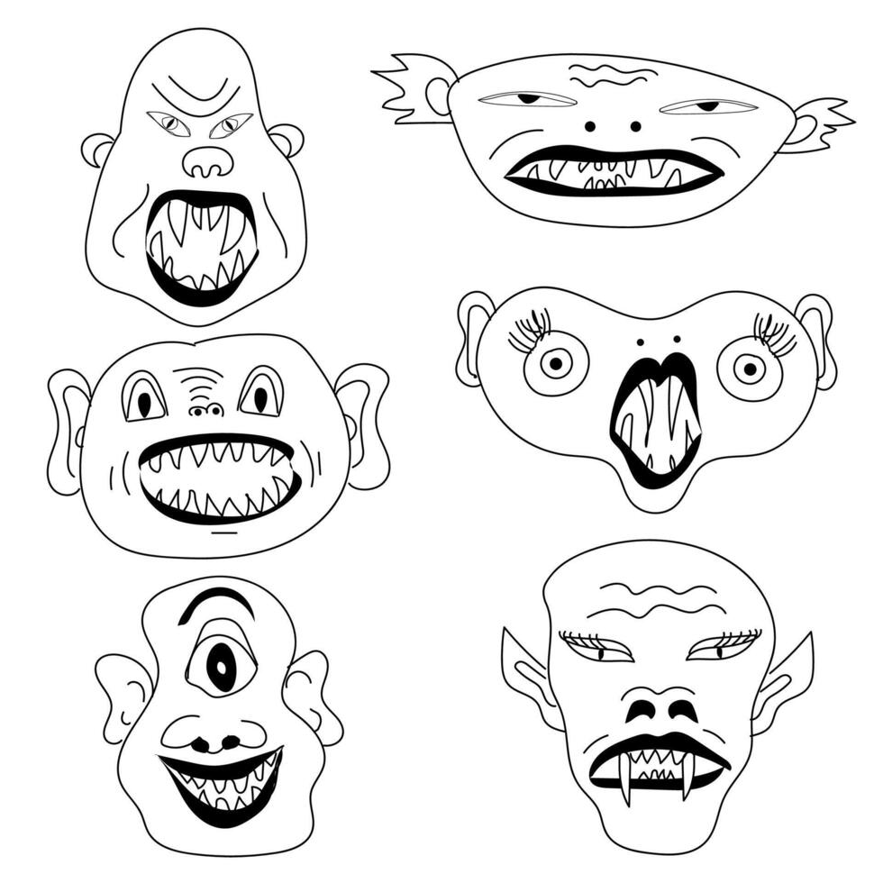 A set of scary vampires and fairy-tale critters drawn in doodle style vector