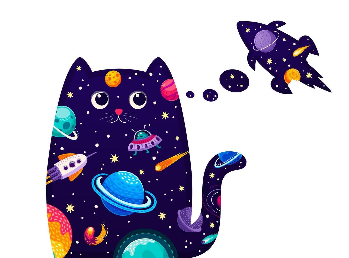 Cat dreaming about space rocket, cosmic travel vector