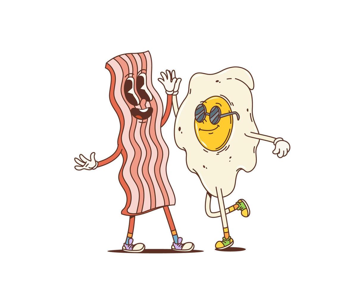 Cartoon retro bacon and egg groovy characters vector