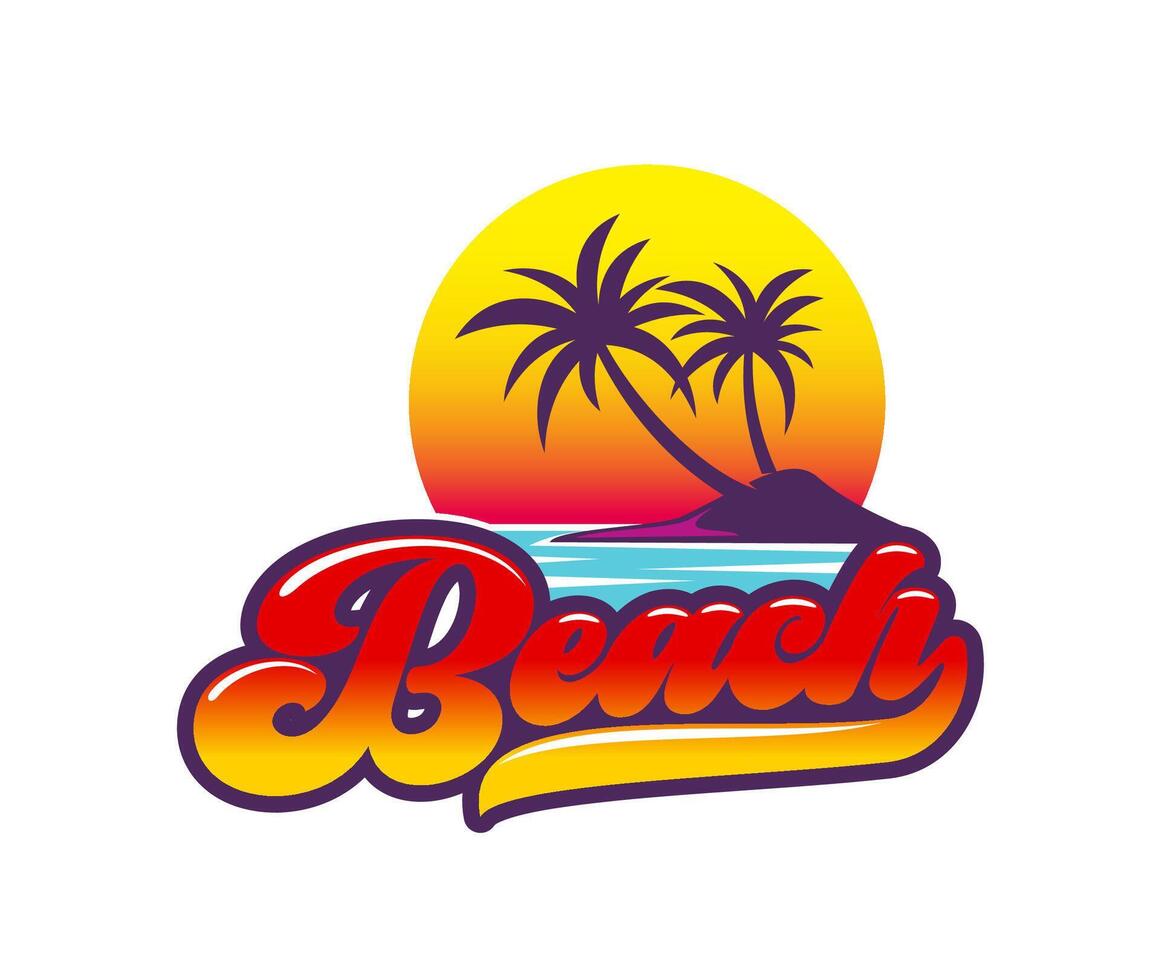 Summer tropical beach icon, palm trees and island vector