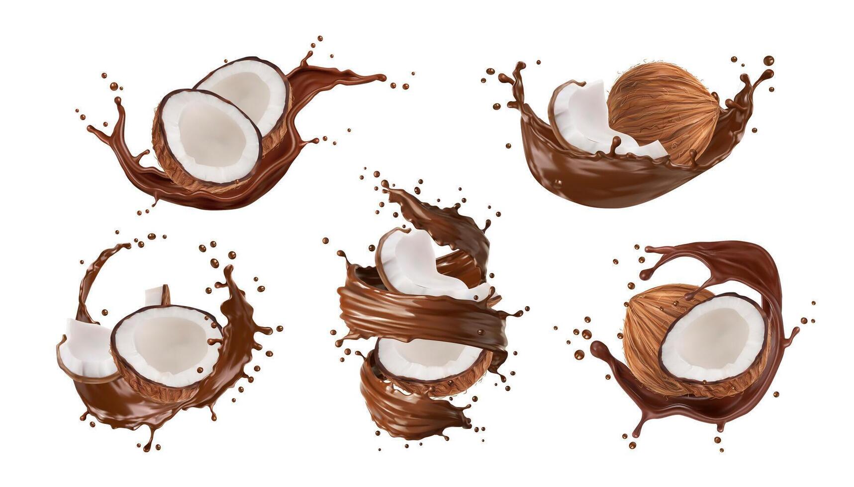 Realistic chocolate drink splash with coconut vector