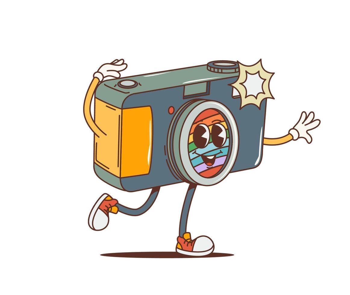 Cartoon retro photo camera groovy hippie character vector